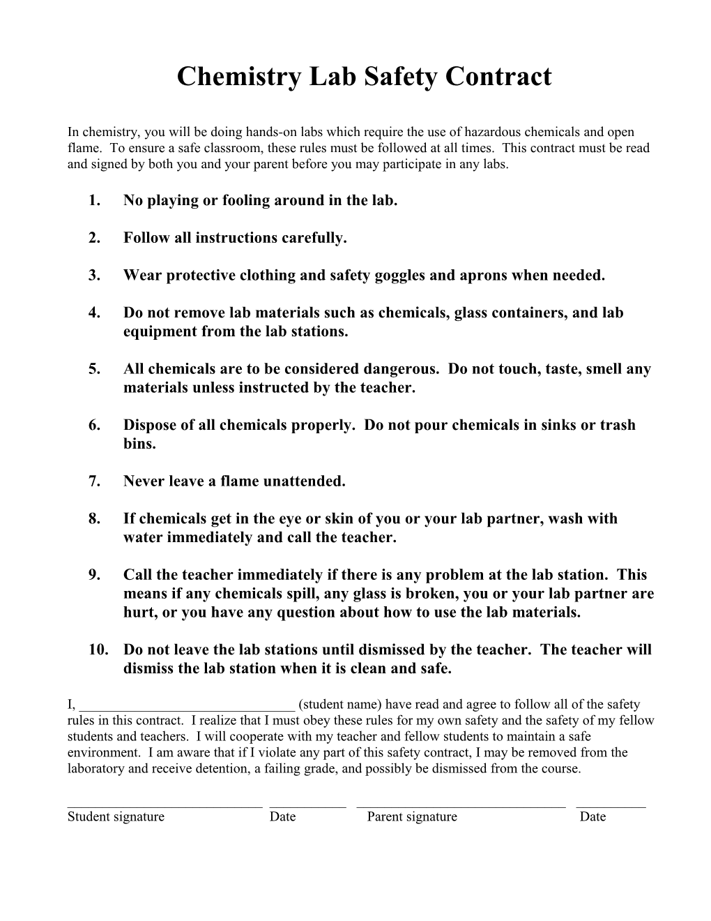 Chemistry Lab Safety Contract