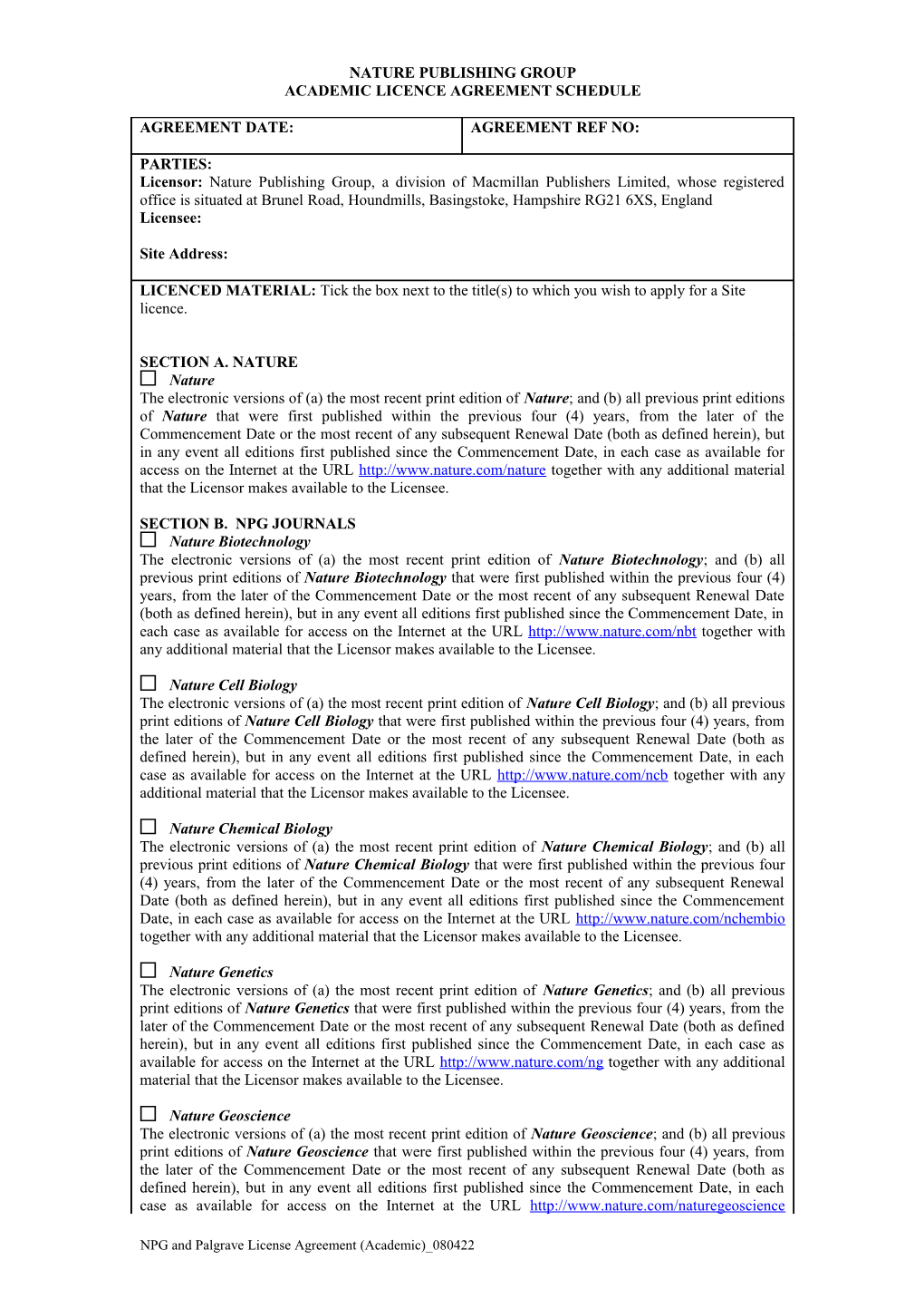 Academic Licence Agreement Schedule