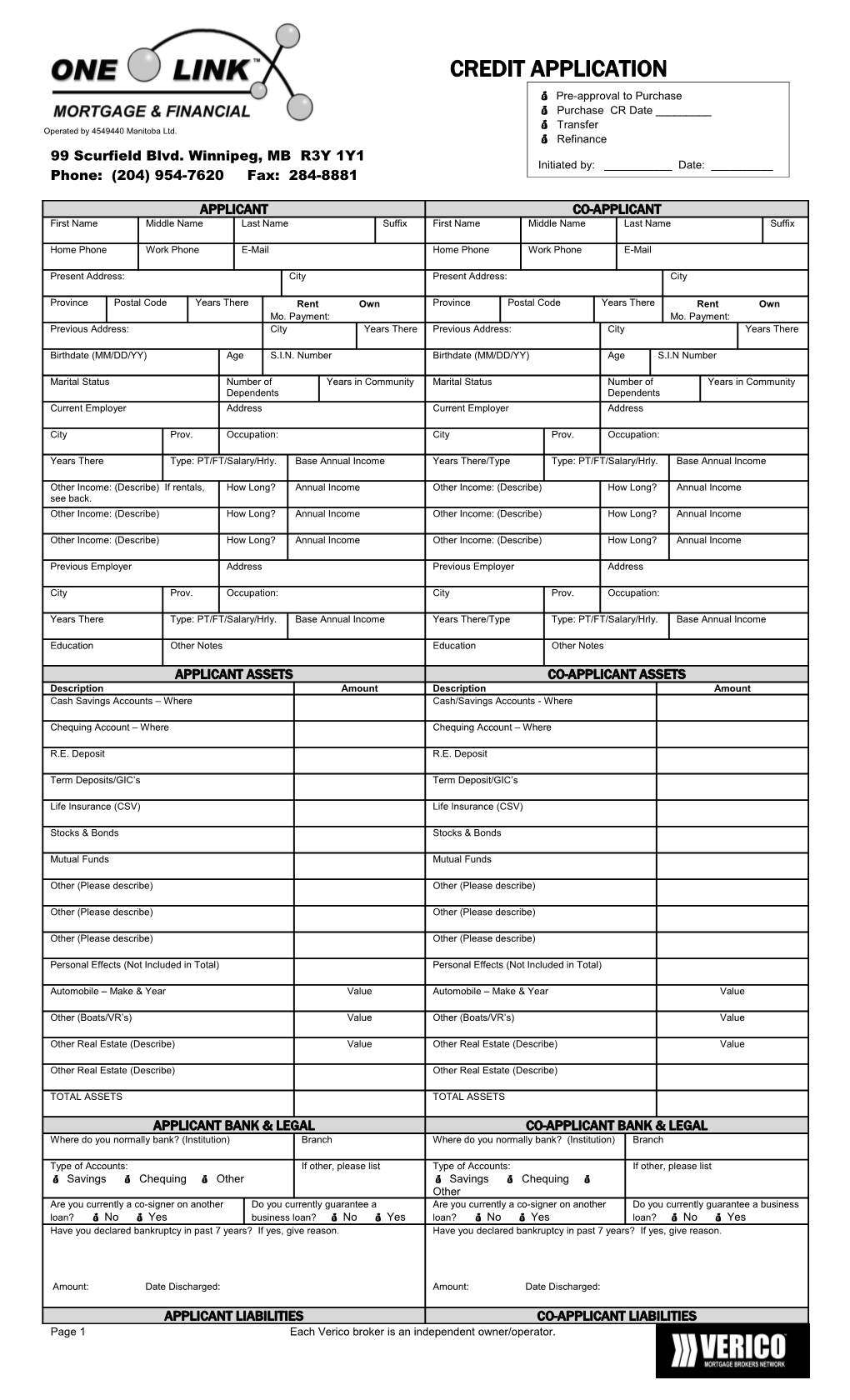 Verico One-Link Mortgage & Financial Corporation Credit Application Form (Continued)