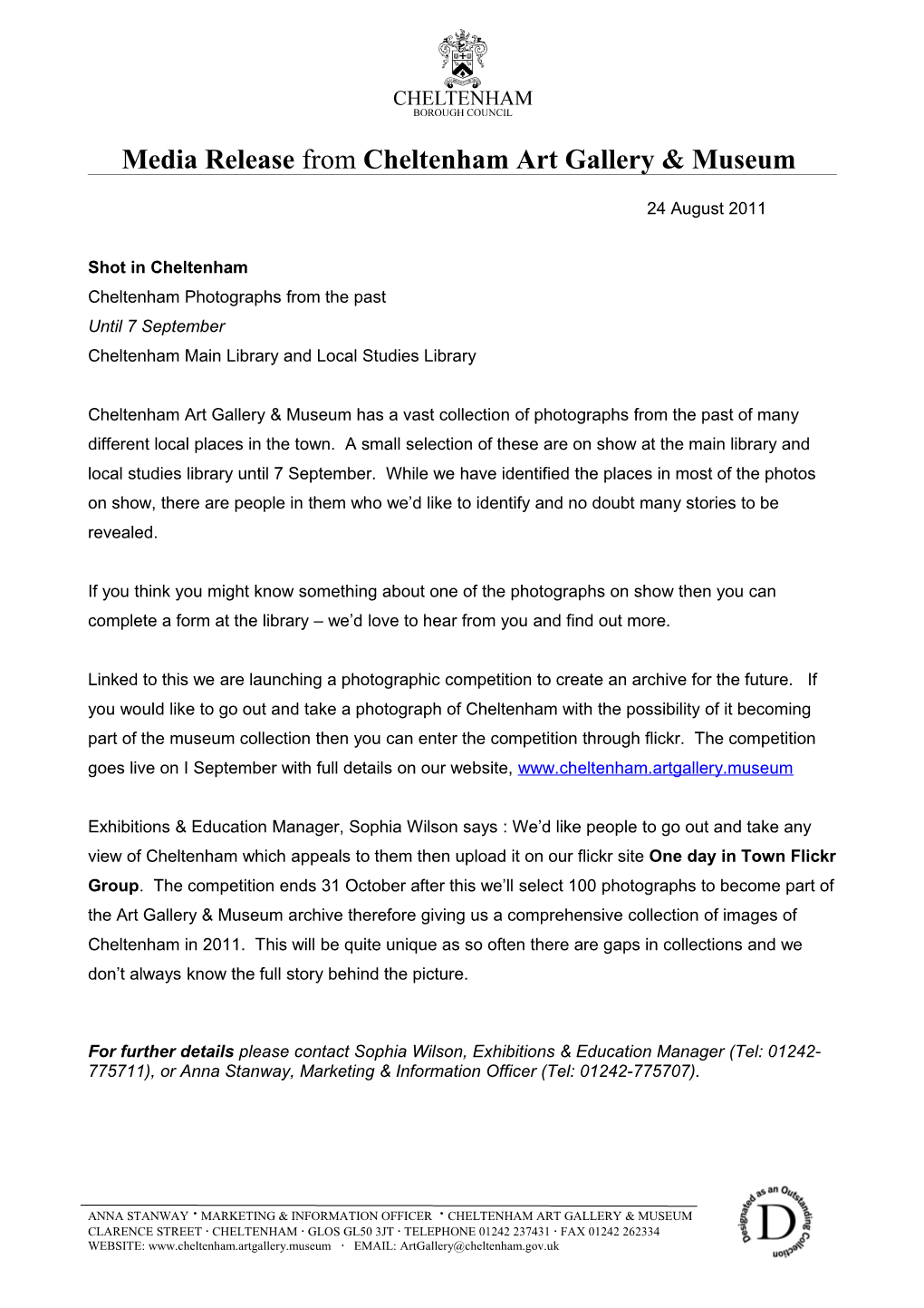 Media Release from Cheltenham Art Gallery & Museum