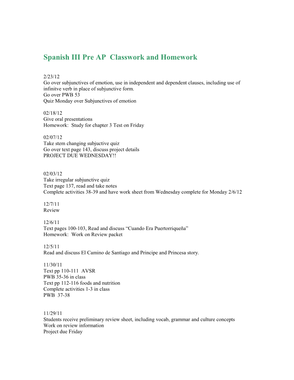 Spanish III Pre AP Classwork And Homework
