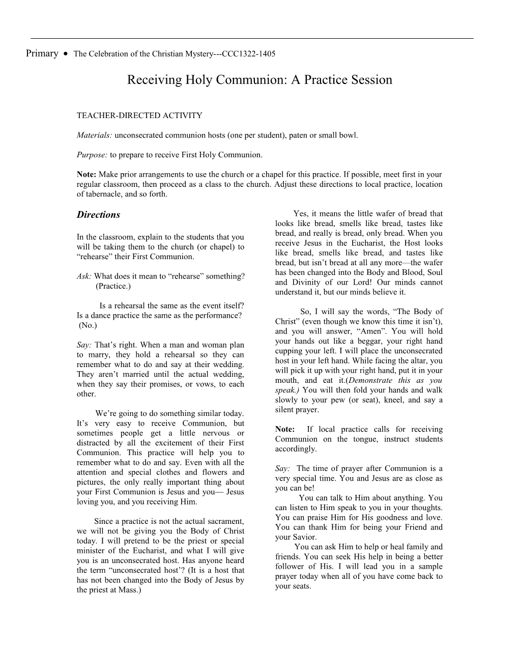 Receiving Holy Communion: a Practice Session