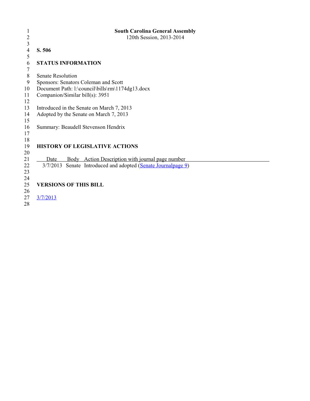 2013-2014 Bill 506: Beaudell Stevenson Hendrix - South Carolina Legislature Online