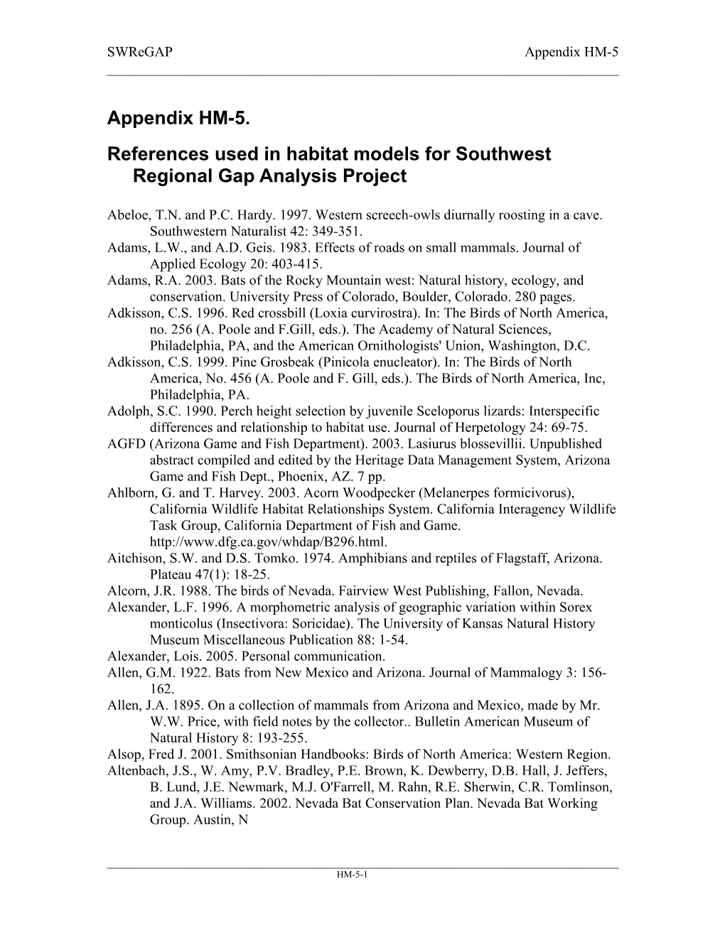 References Used in Habitat Models for Southwest Regional Gap Analysis Project