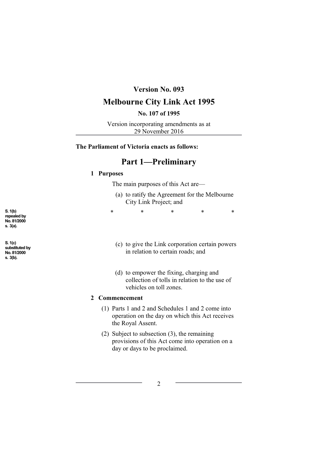 Melbourne City Link Act 1995 s1