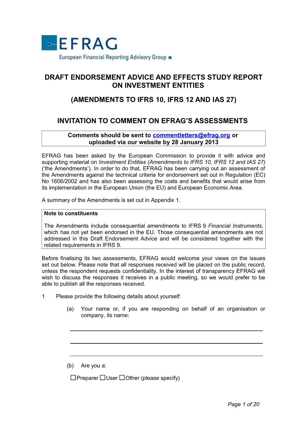 Draft Endorsement Advice and Effects Study Report on Investment Entities