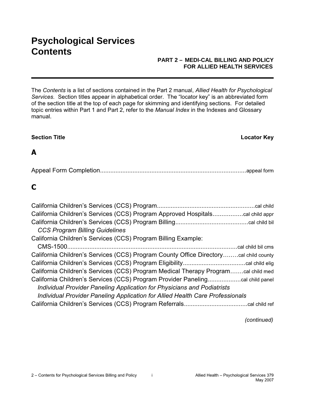 Contents (Part 2 Medi-Cal Billing and Policy): Psychological Services (2Toc Psy)