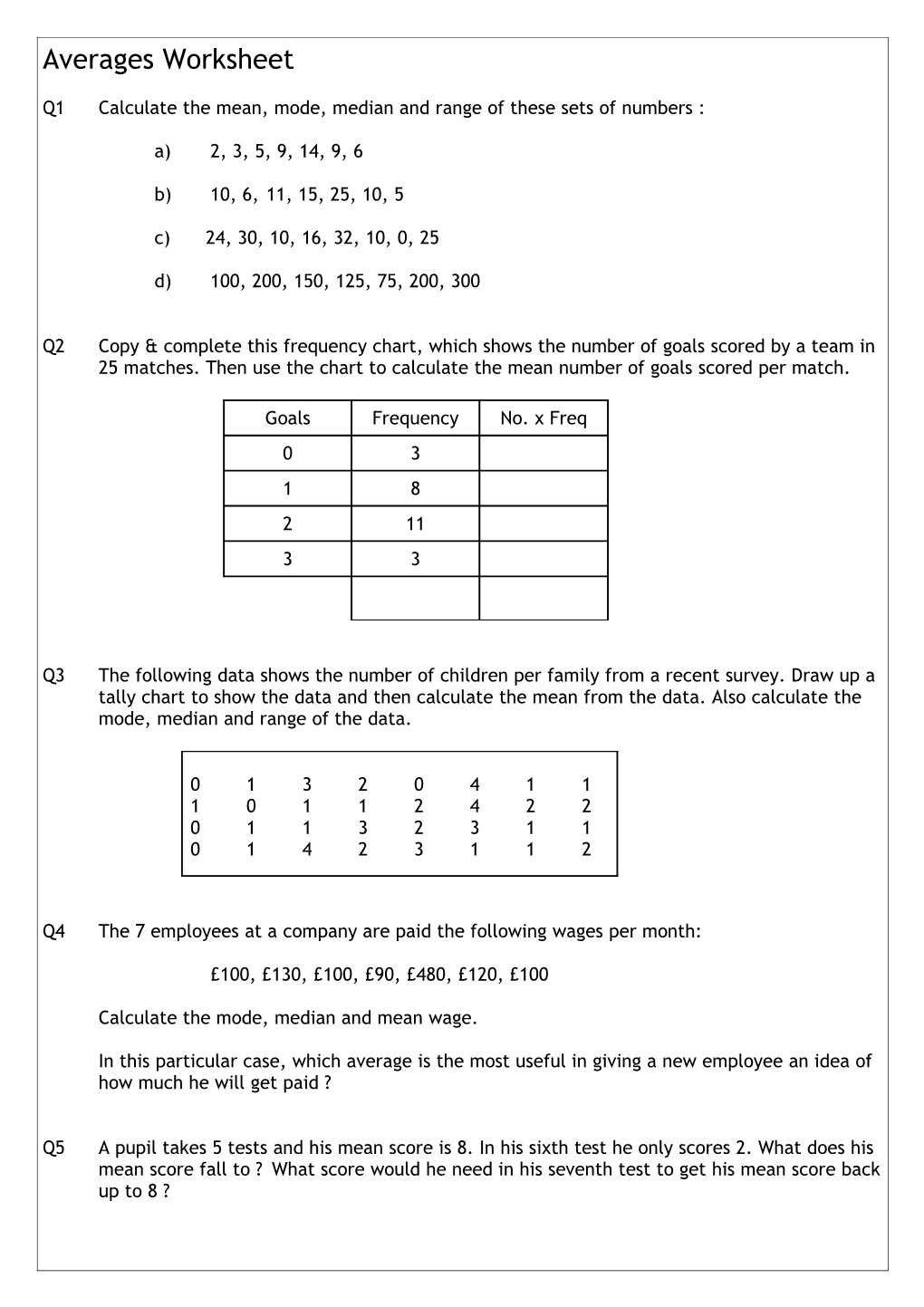 Q1 Calculate the Mean, Mode, Median and Range of These Sets of Numbers