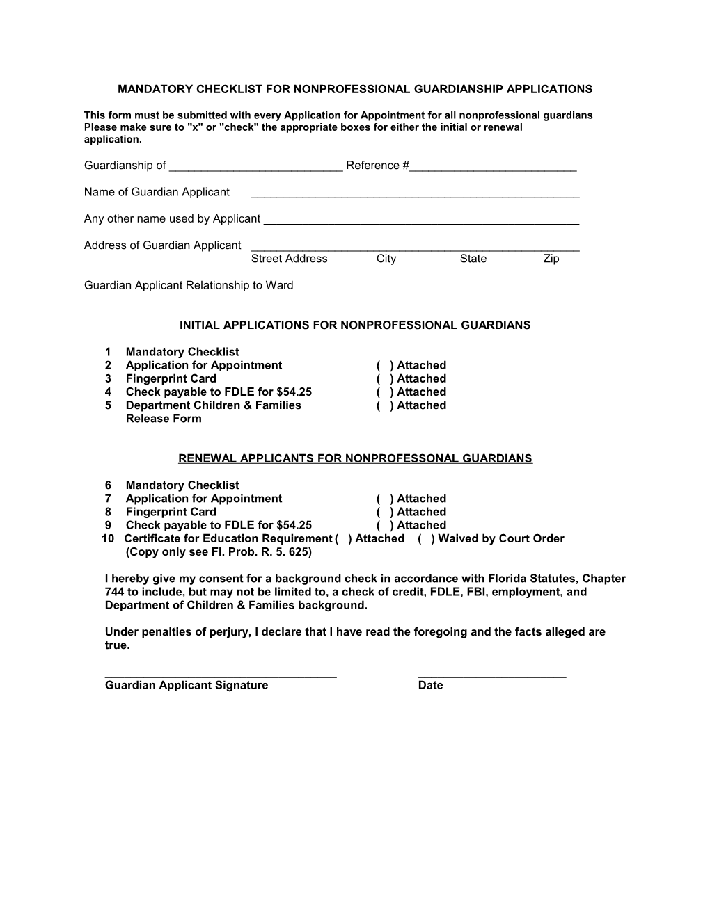 Mandatory Checklist for Nonprofessional Guardianship Applications