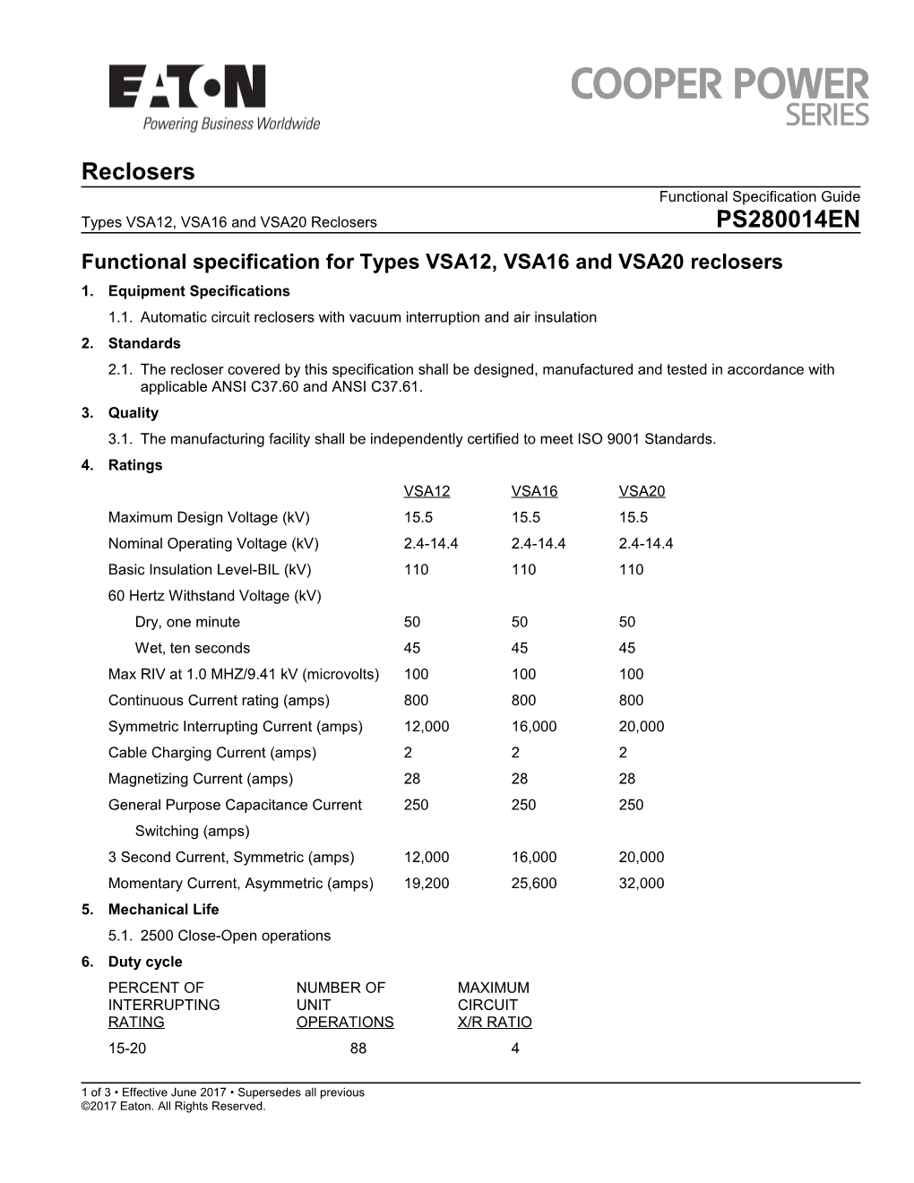 Functional Specification for Types VSA12, VSA16 and VSA20 Reclosers