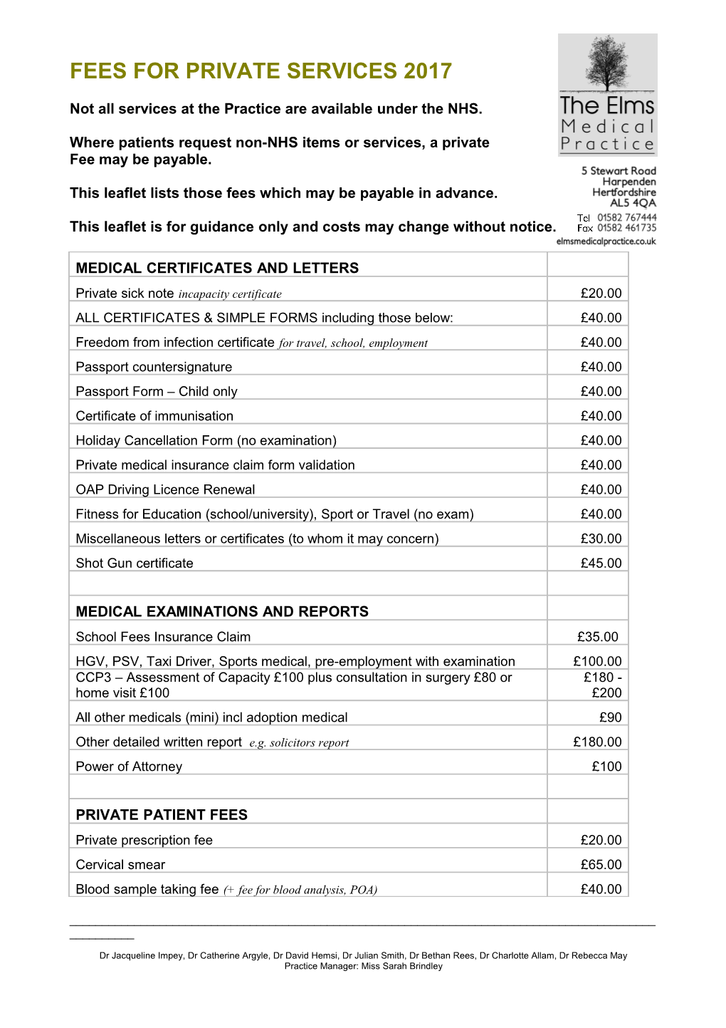 Fees for Private Services 2017