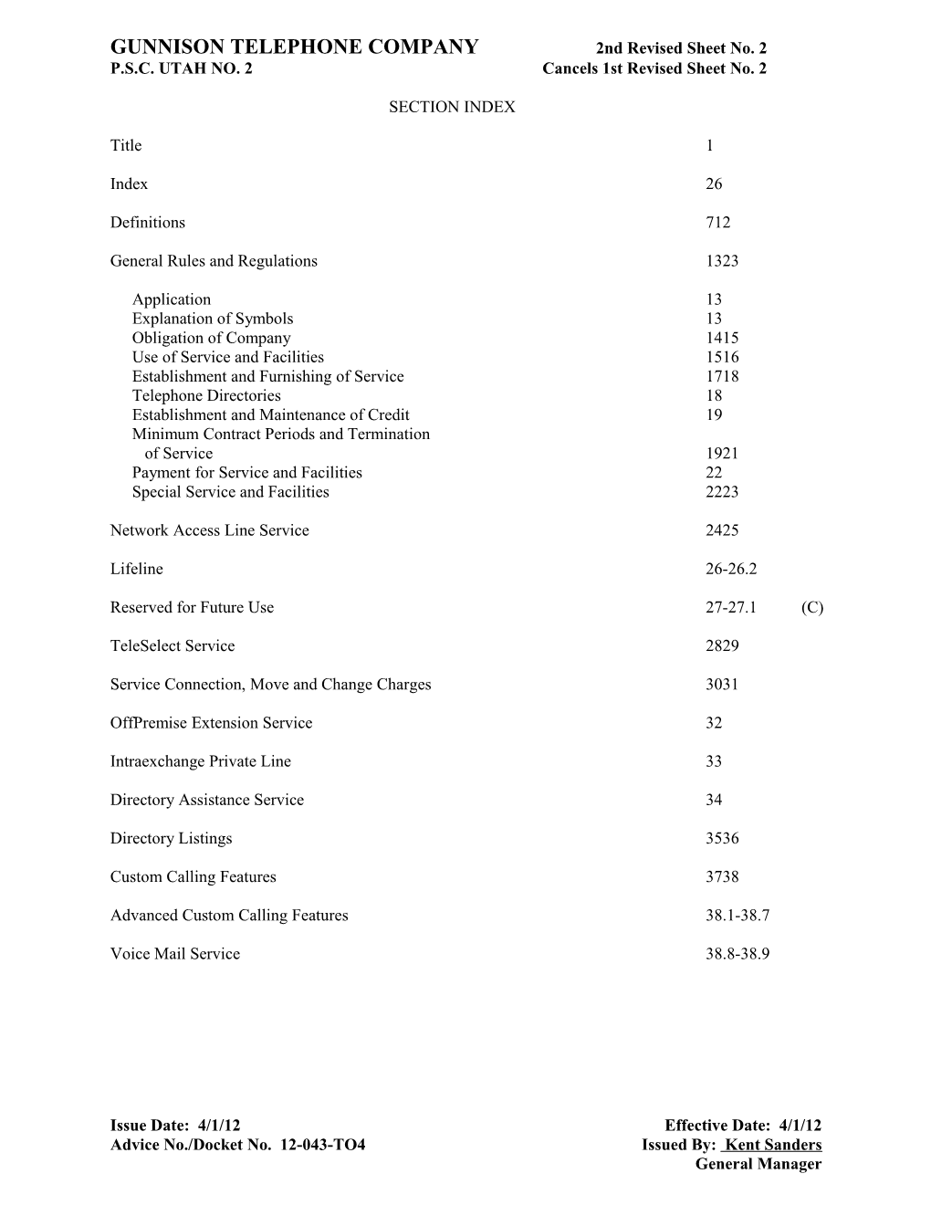 GUNNISON TELEPHONE COMPANY 2Nd Revised Sheet No. 2