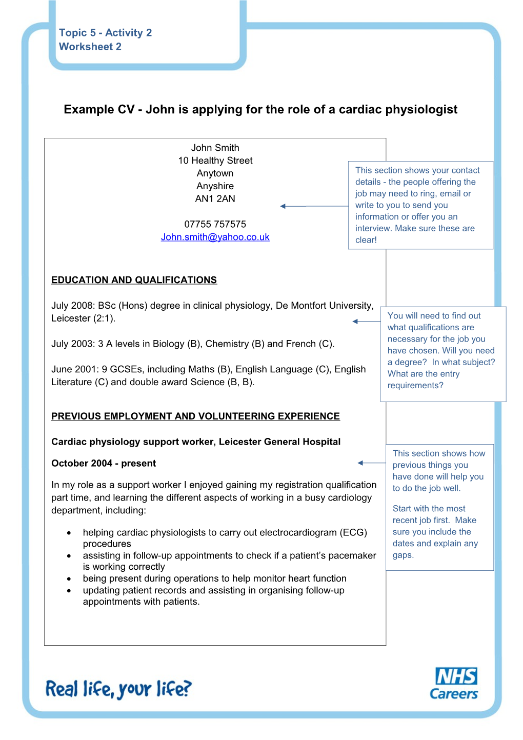 Example CV - John Is Applying for the Role of a Cardiac Physiologist