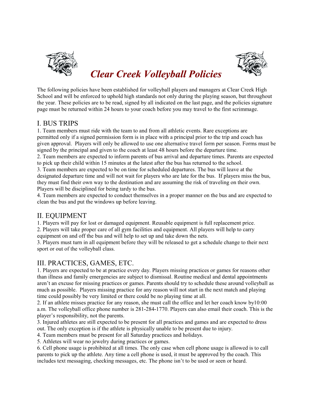 Clear Creek Volleyball Policies