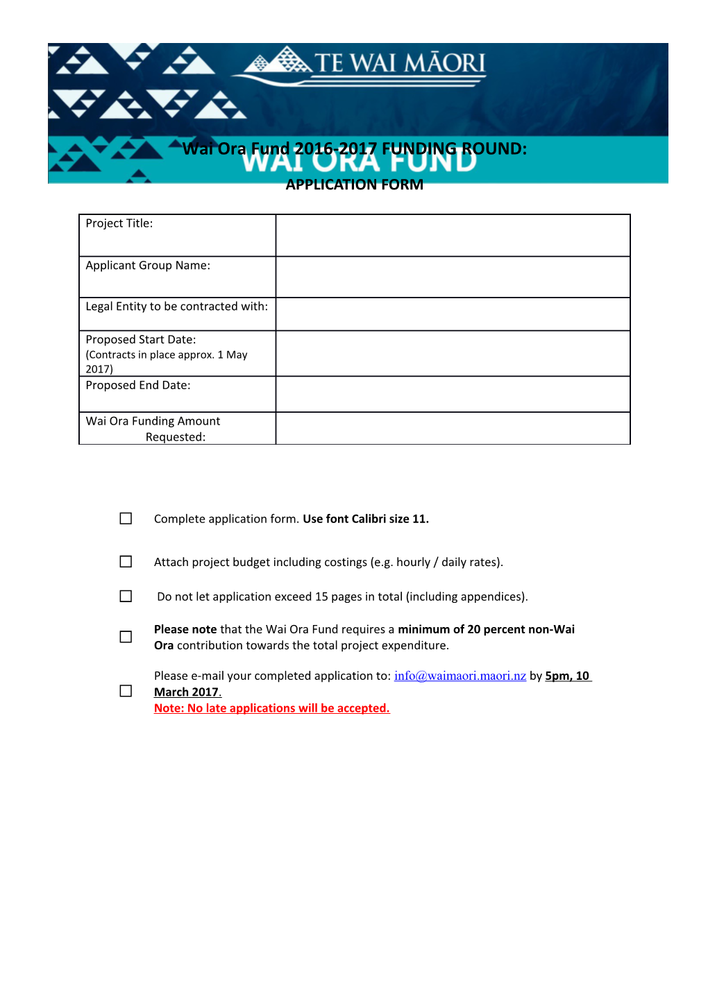 Wai Ora Fund 2016-2017 FUNDING ROUND