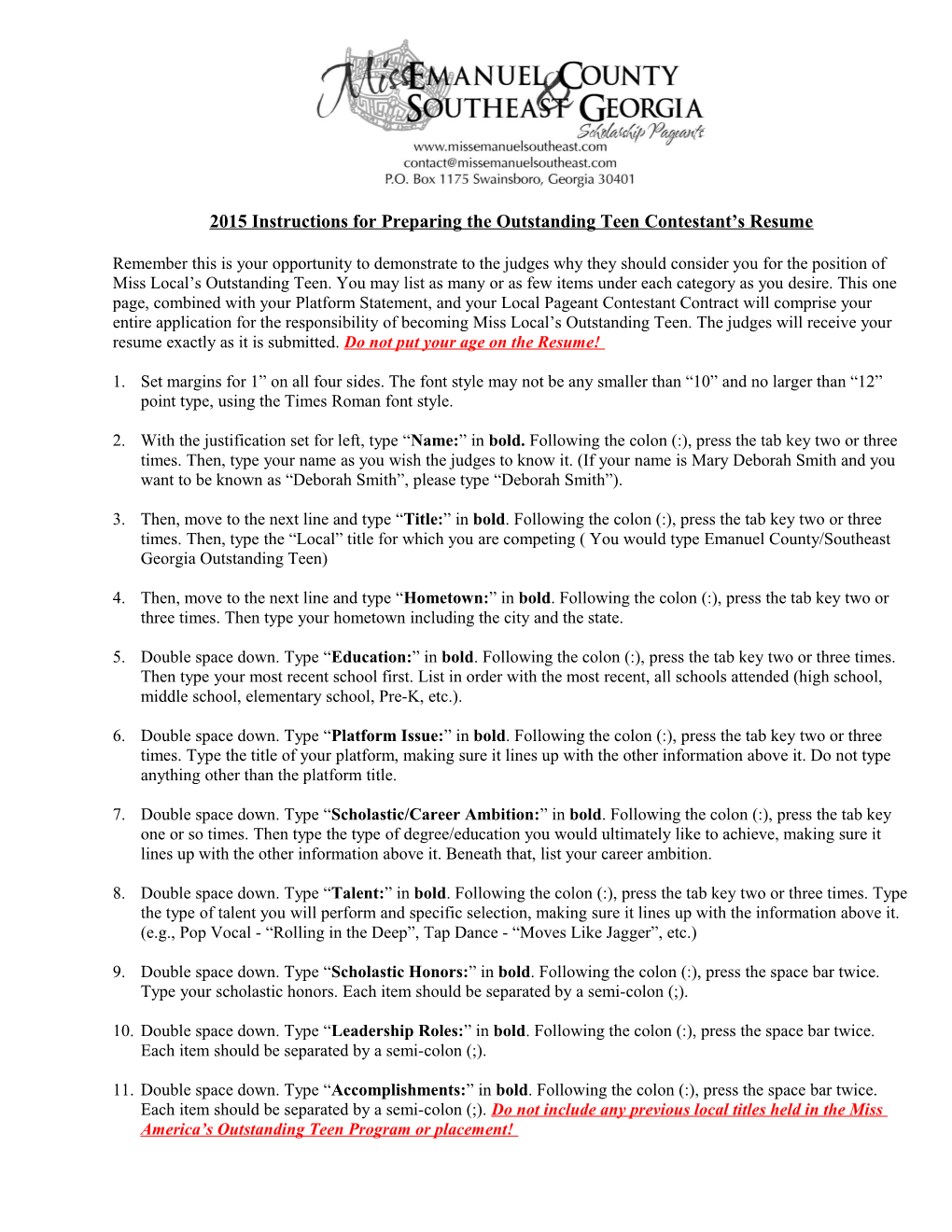 Instructions for Completing the Miss Georgia S Outstanding Teen Contestant S Resume
