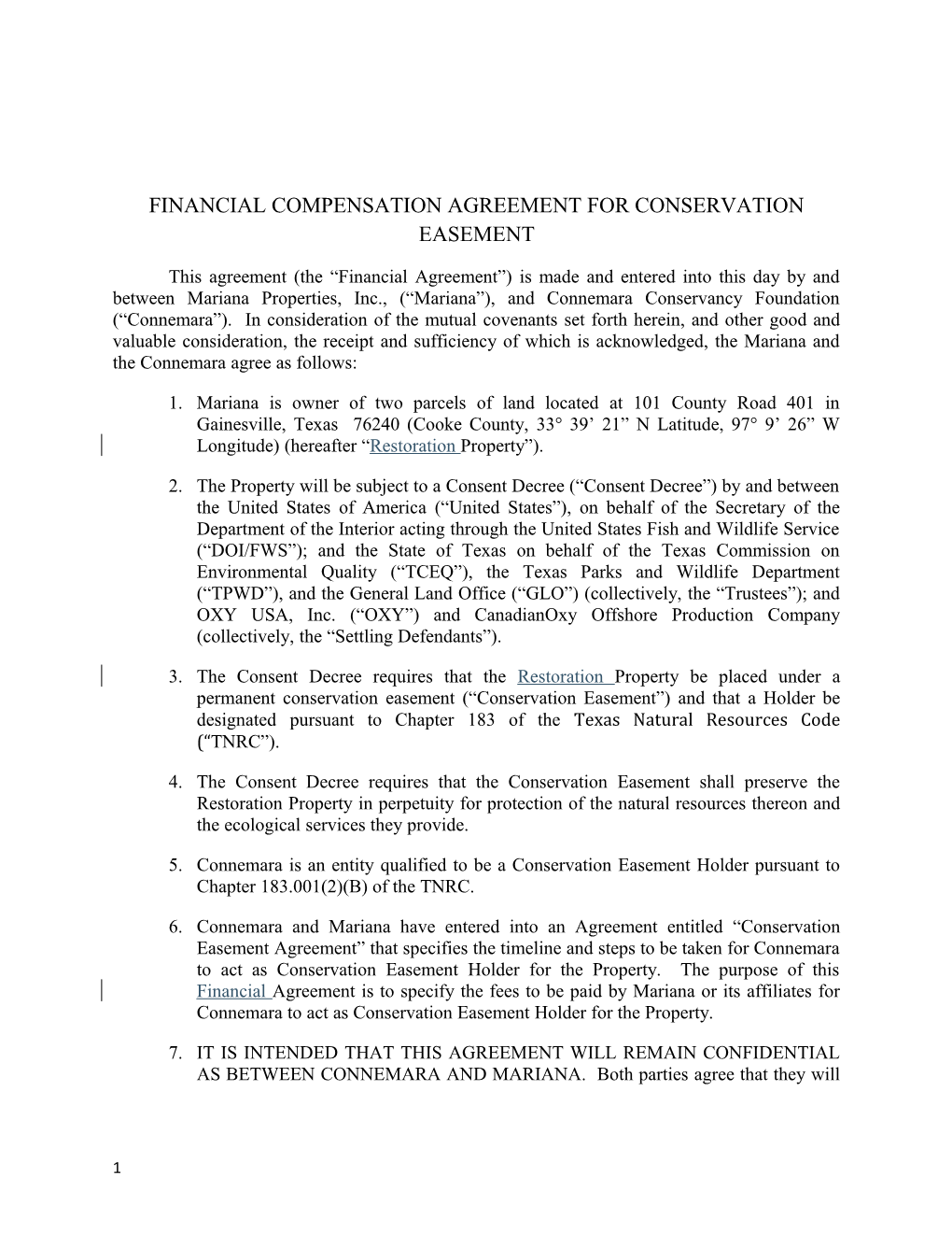 Financial Compensation Agreement for Conservation Easement