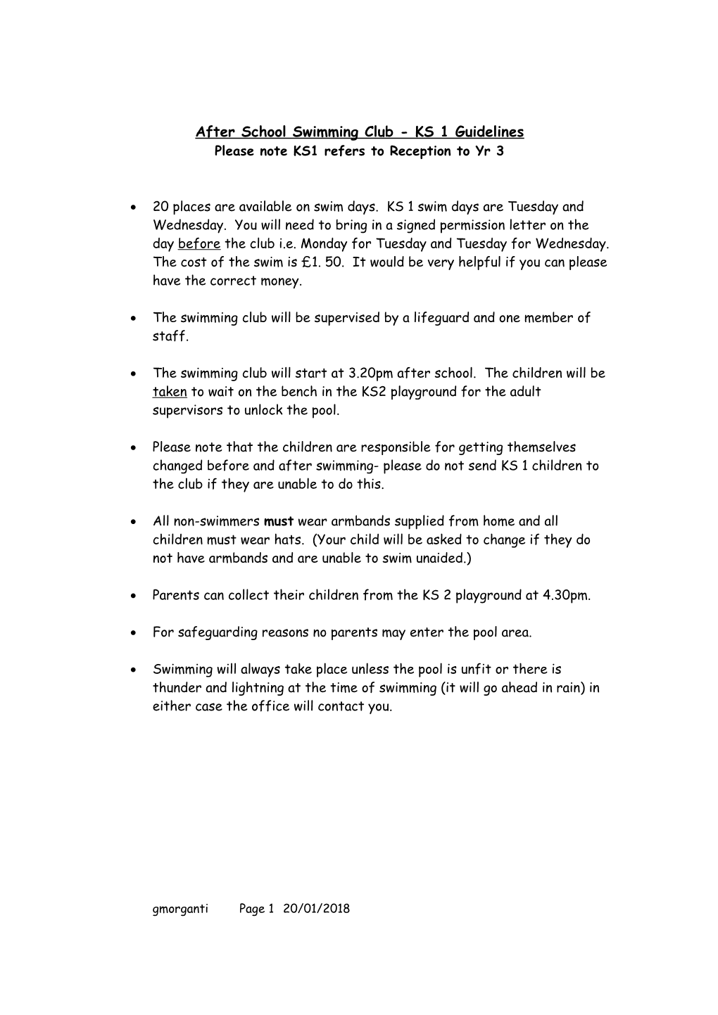 After School Swimming Club- KS 1 Guidelines