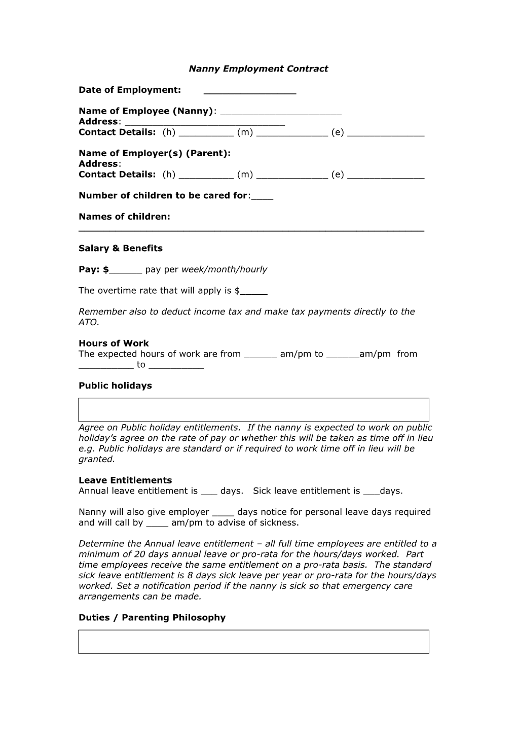 Nanny Employment Contract