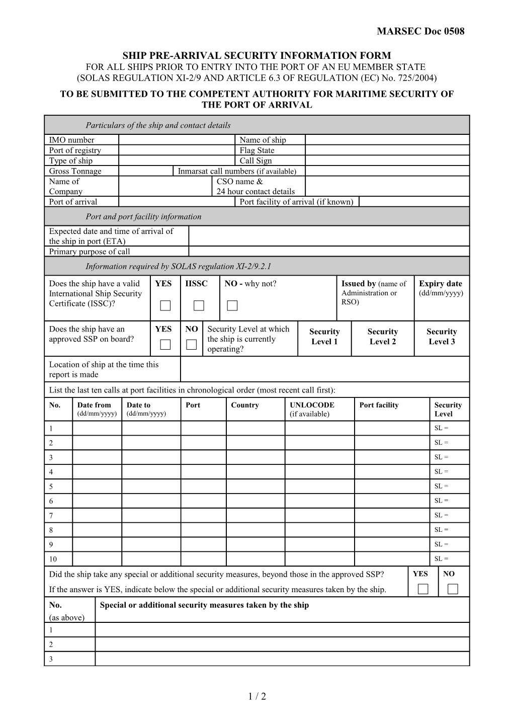 Ship Pre-Arrival Security Information Form