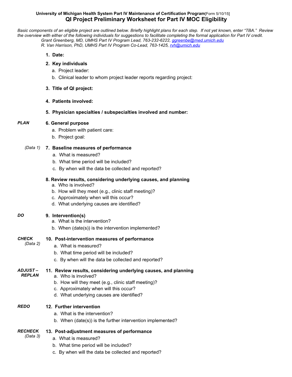 QI Project Preliminary Worksheet for Part IV MOC Eligibility