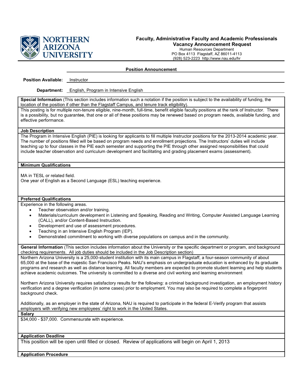 Faculty, Administrative Faculty and Academic Professionals Vacancy Announcement Request