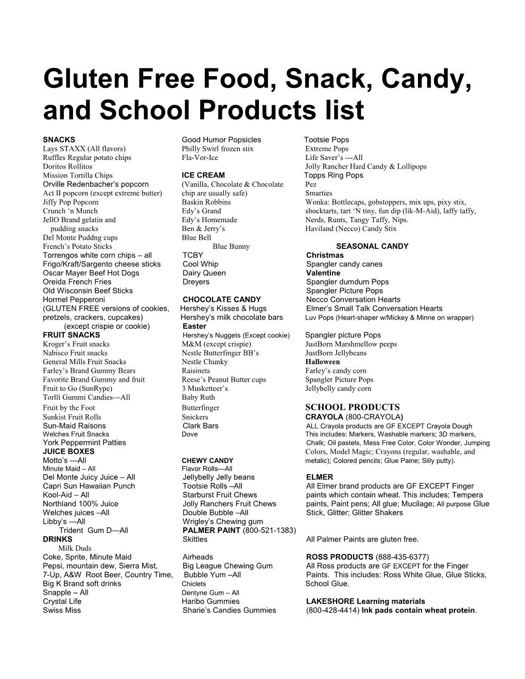 Gluten Free Food, Snack, Candy, and School Products List