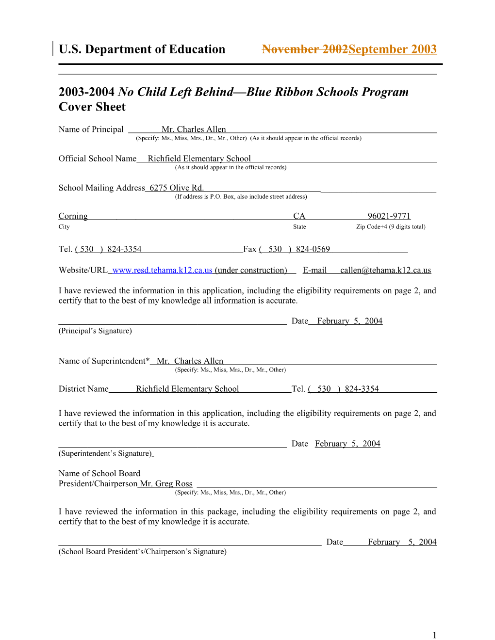 Richfield Elementary School 2004 No Child Left Behind-Blue Ribbon School Application (Msword)