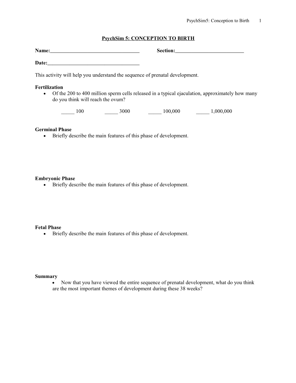 Psychsim 5: CONCEPTION to BIRTH