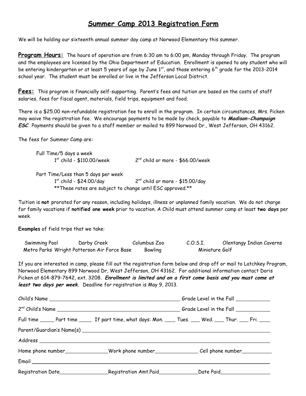 Summer Camp 2005 Registration Form