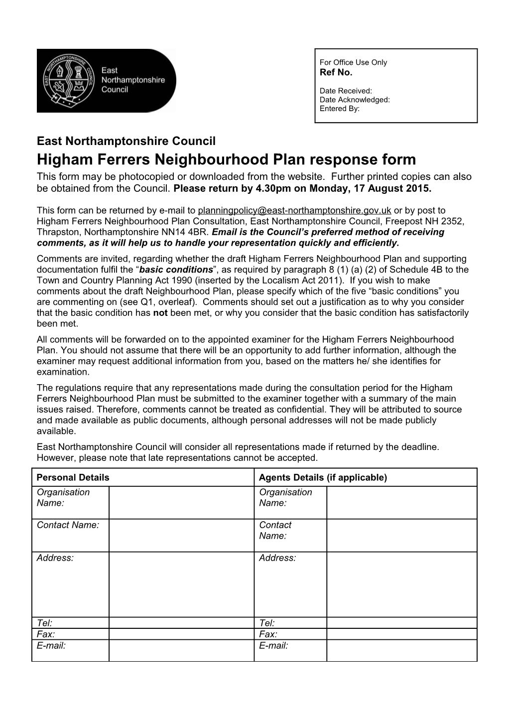 This Form Can Be Returned by E-Mail to Or by Post to Higham Ferrers Neighbourhood Plan