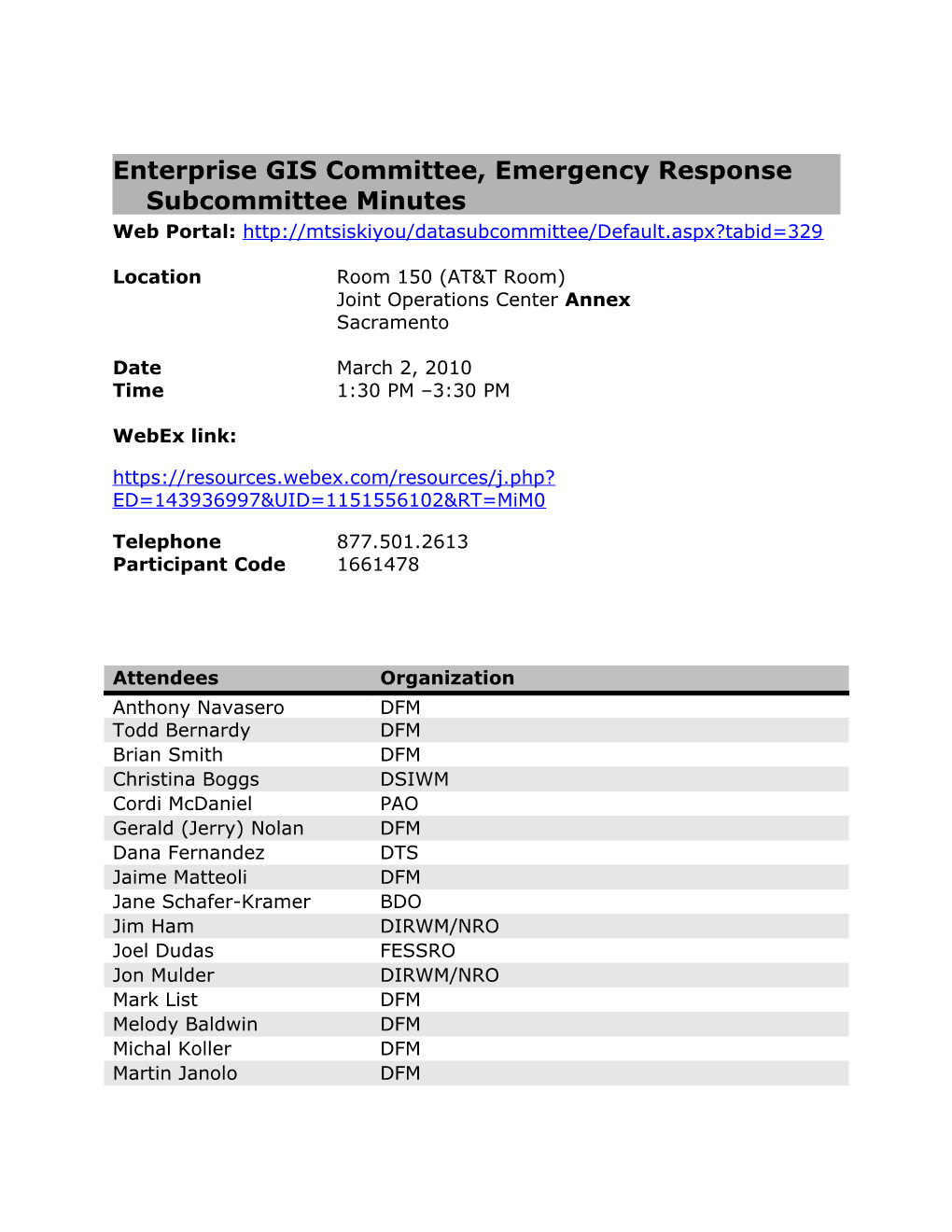 Enterprise GIS Committee, Emergency Response Subcommittee Minutes