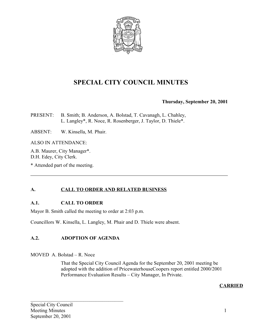 Minutes for City Council September 20, 2001 Meeting