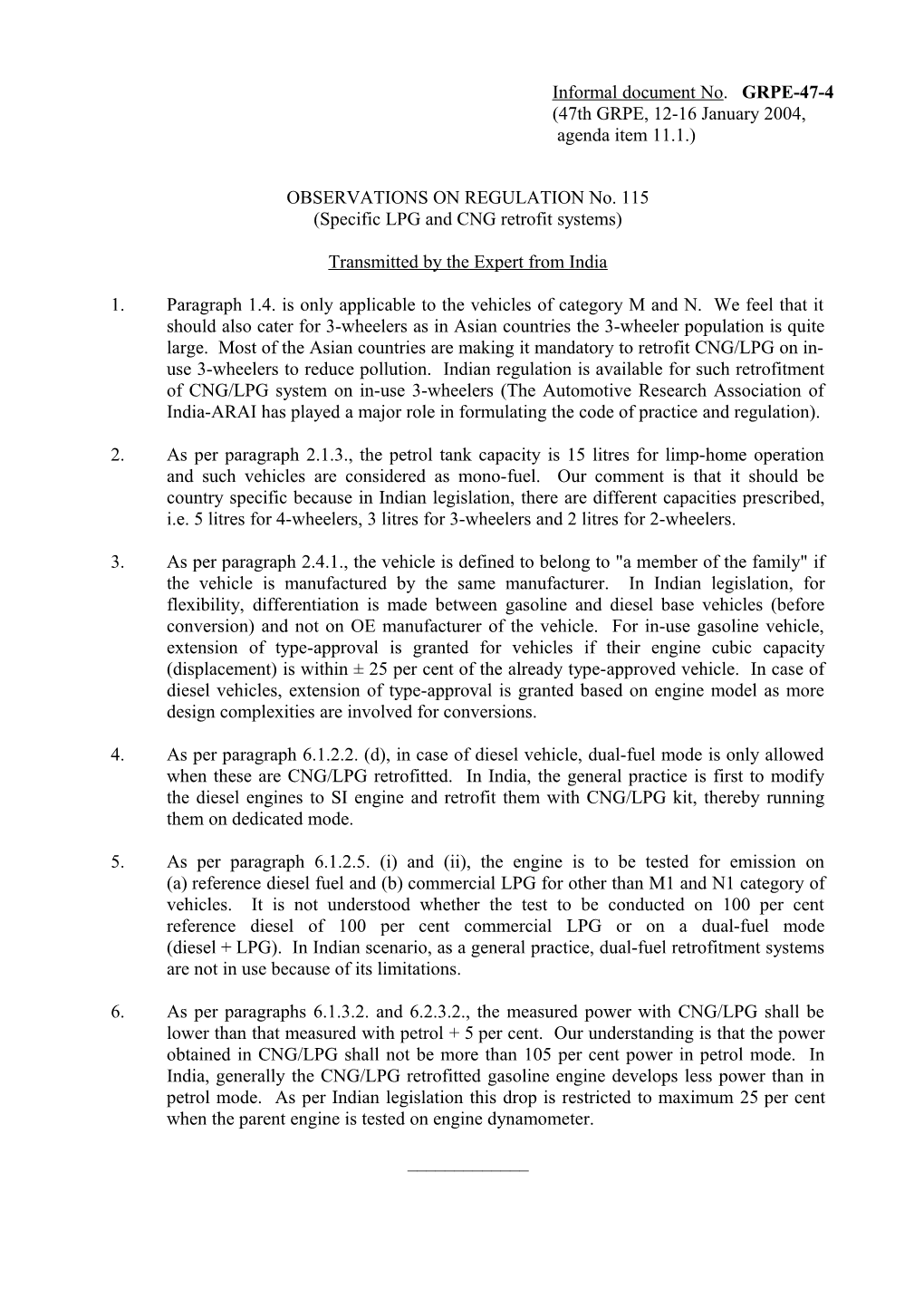 Observations to the UN/ECE LPG/ CNG Retrofit Systems Regulation No. 115