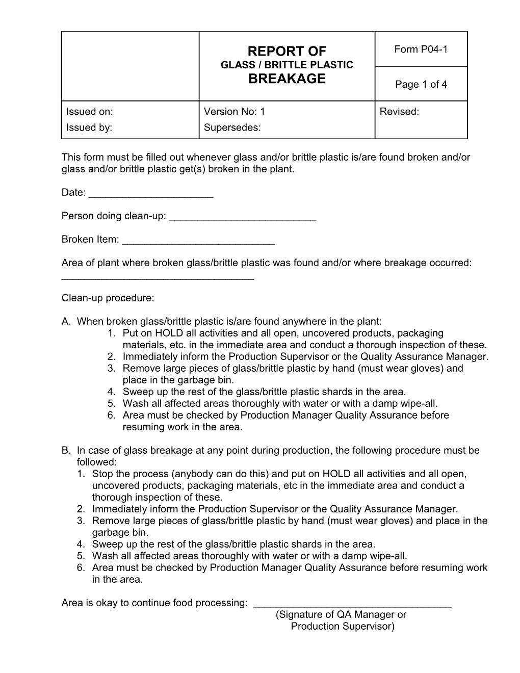This Form Must Be Filled out Whenever Glass And/Or Brittle Plastic Is/Are Found Broken