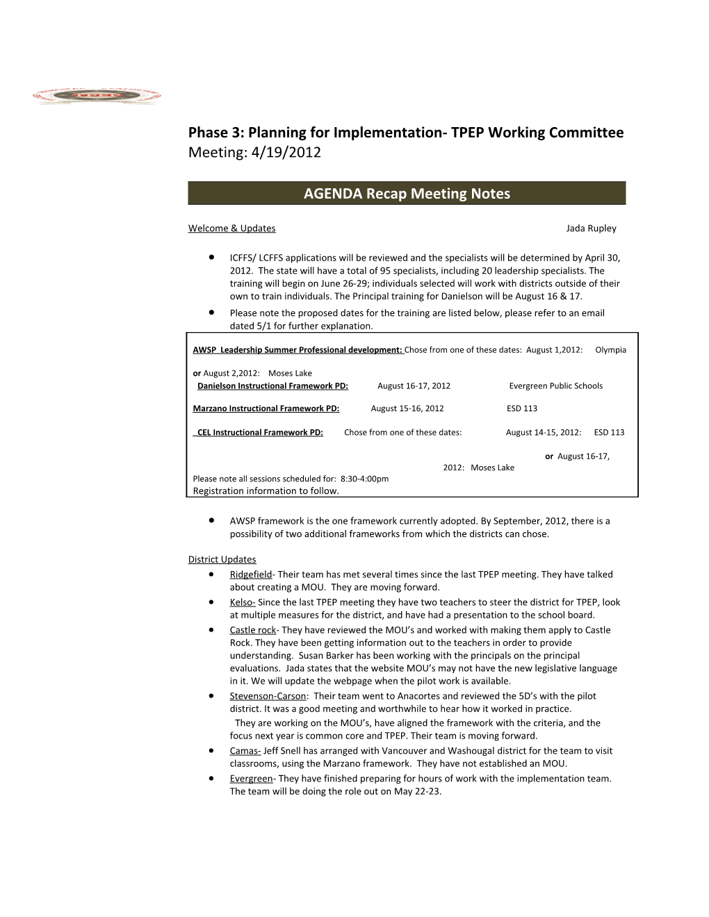 Phase 3: Planning for Implementation- TPEP Working Committee