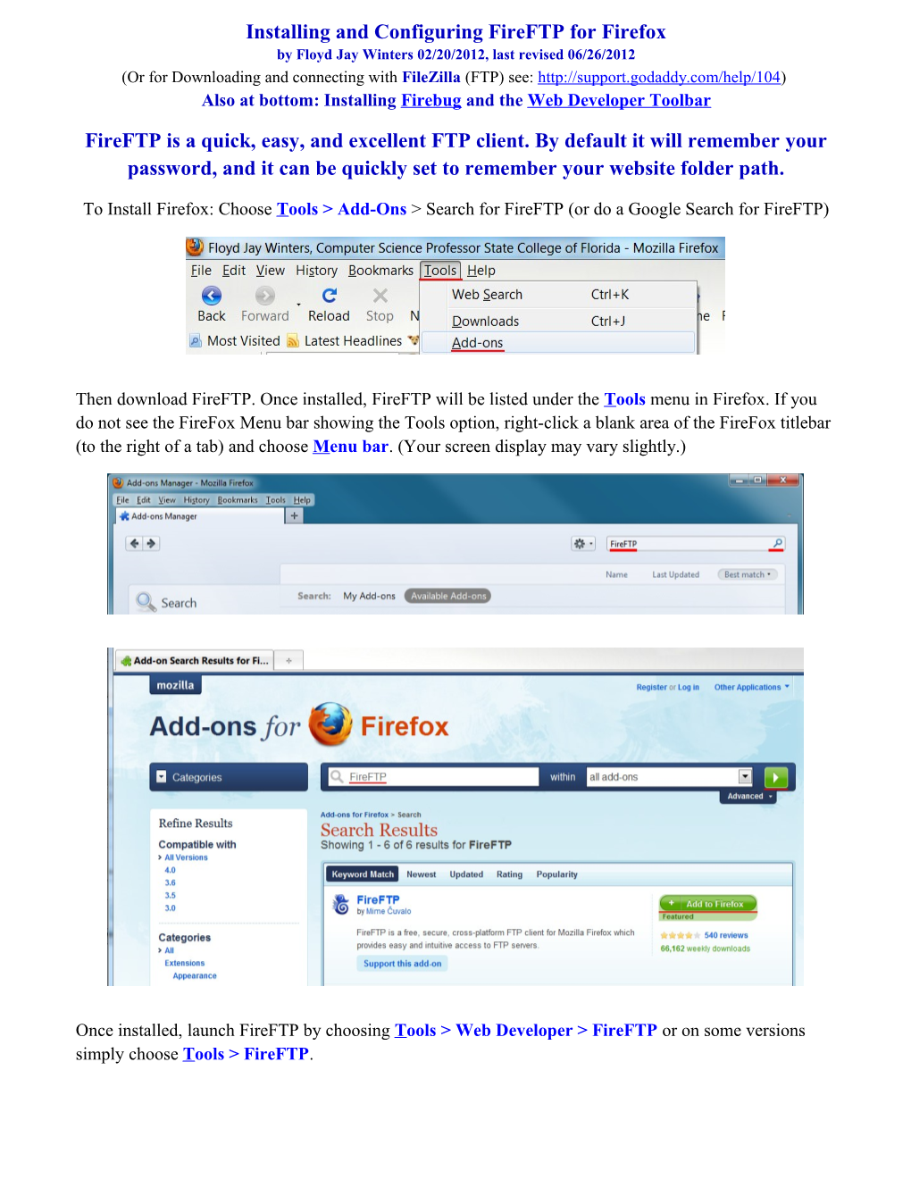 Installing and Configuring Fireftp for Firefox by Floyd Jay Winters 02/20/2012, Last Revised