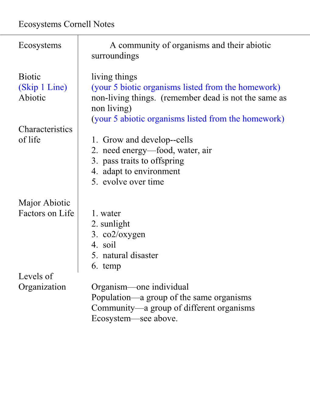 Ecosystems Cornell Notes