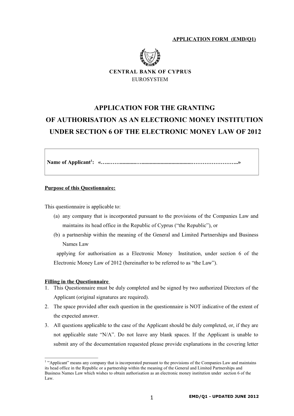 Application for Authorisation As Payment Institution