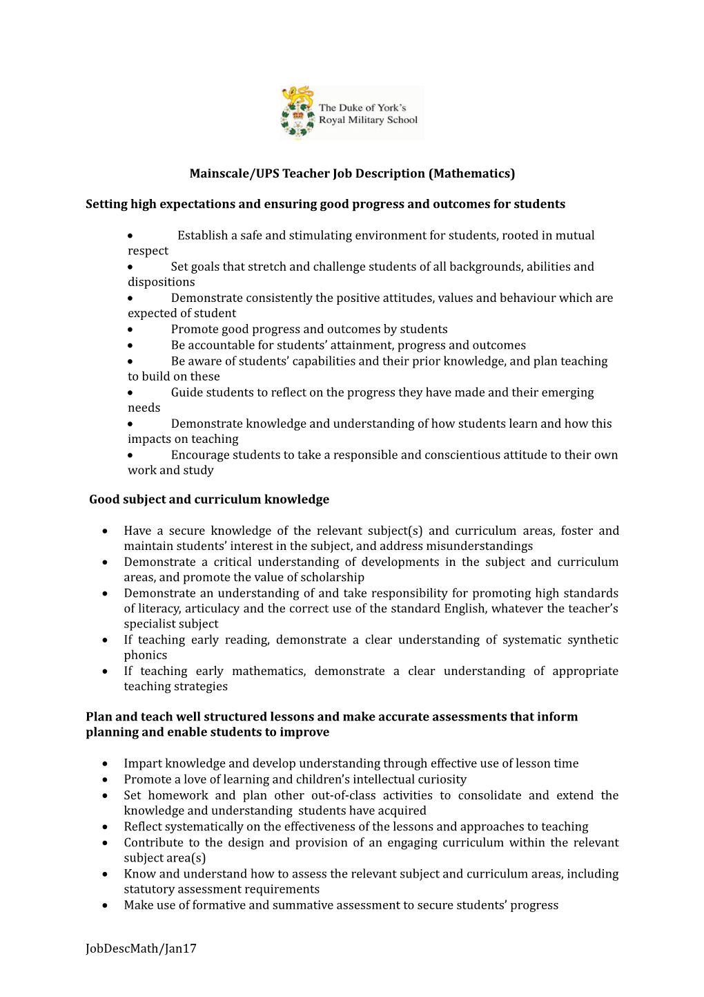 Mainscale/UPS Teacher Job Description (Mathematics)