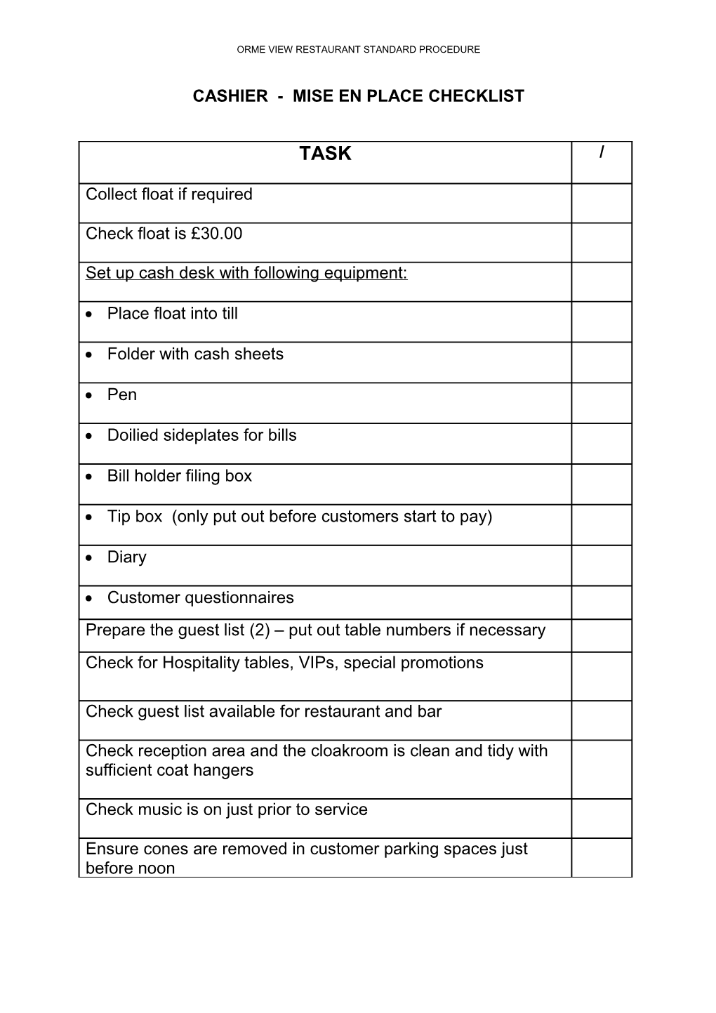 Cashier - Mise En Place Checklist