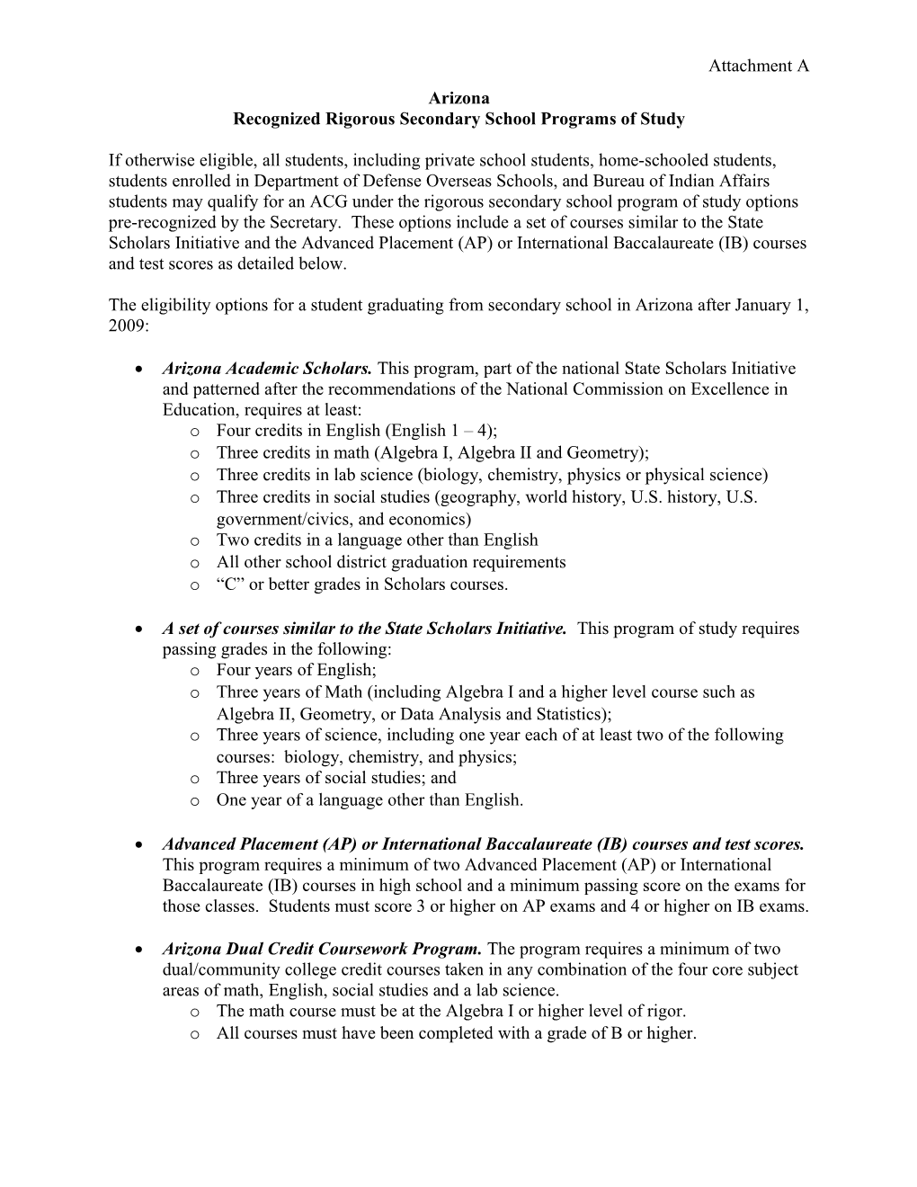 Academic Competitiveness Grants - Attachment to Arizona Letter - 2009 (MS Word)