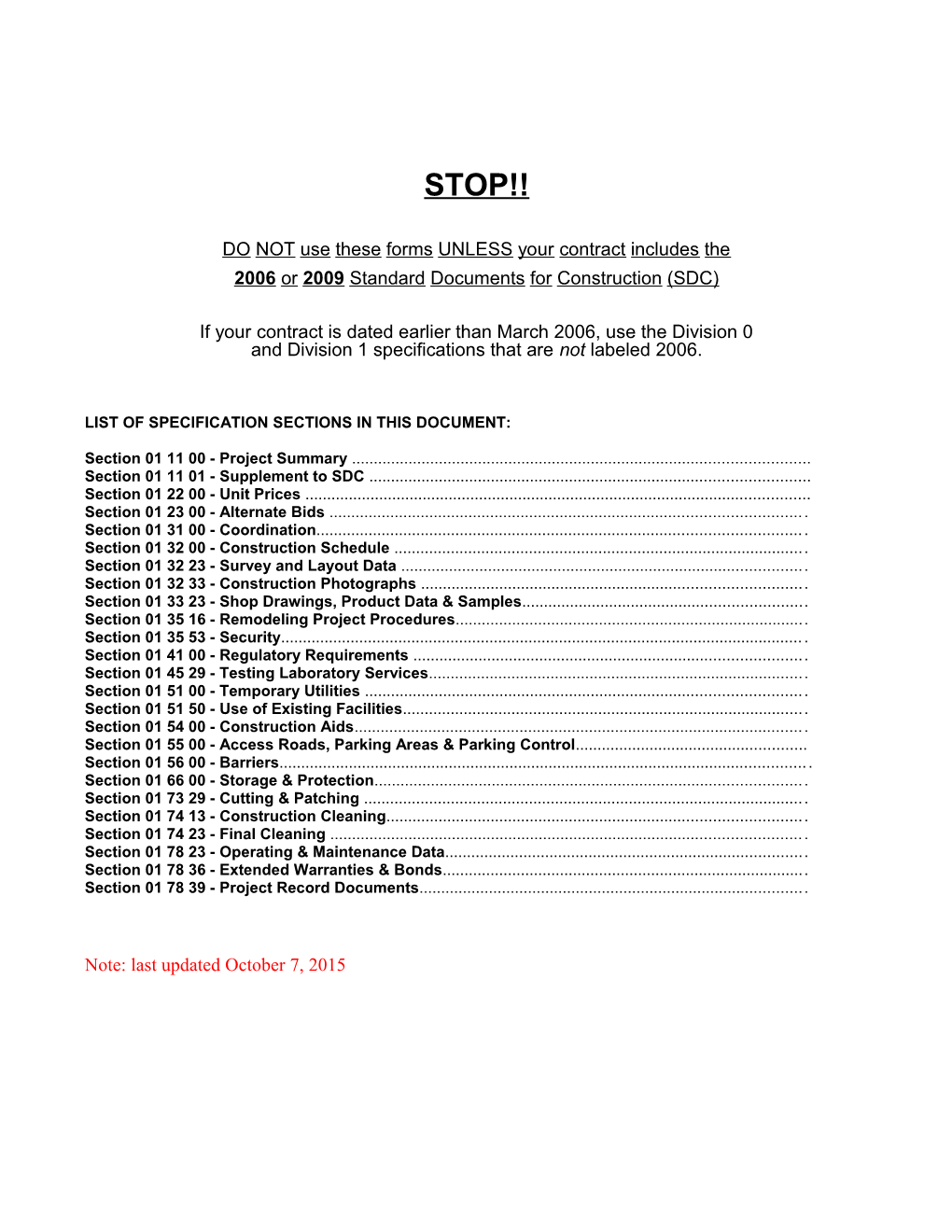 Division 1 Specification Sections 2006