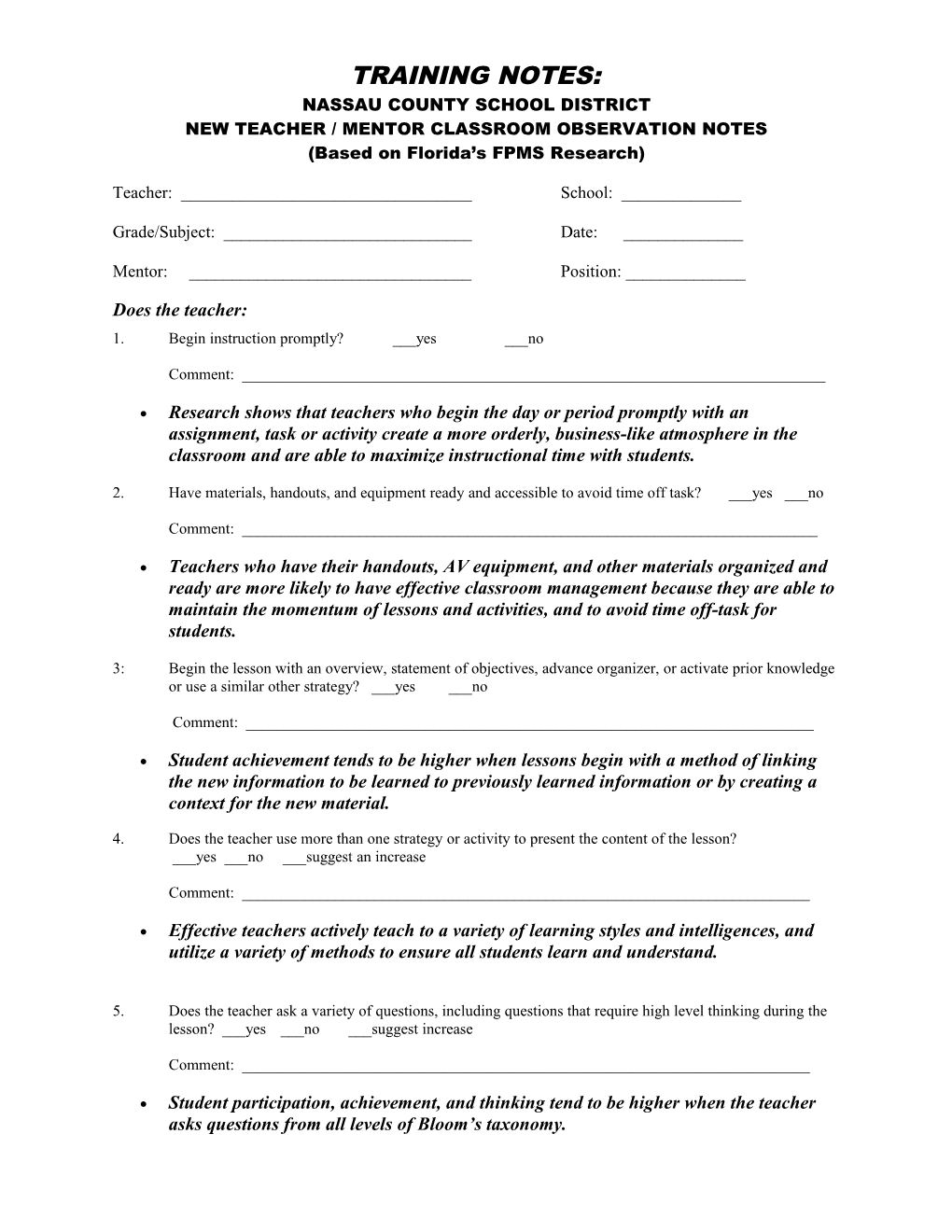 Classroom Observation Instrument