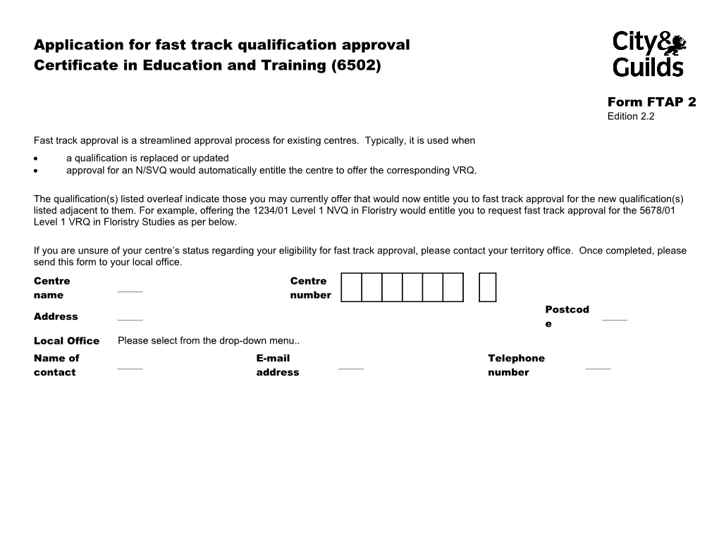 Fast Track Form FTAP 2