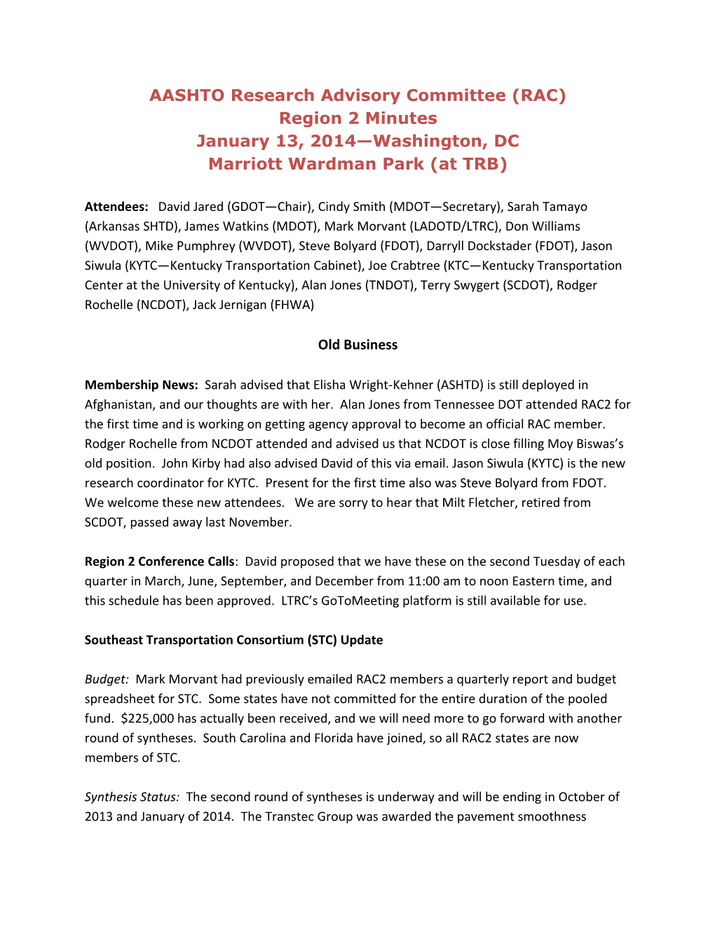 Region 2 Meeting Notes: January 13, 2014