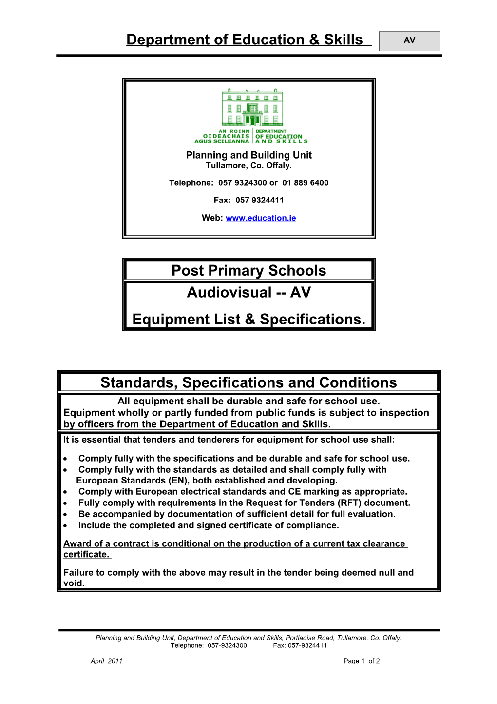 Room: Audiovisual - AV - Equipment Lists & Specifications (File Format Word 85KB)