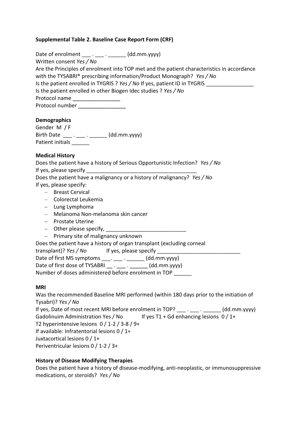 Supplemental Table 2. Baseline Case Report Form (CRF)