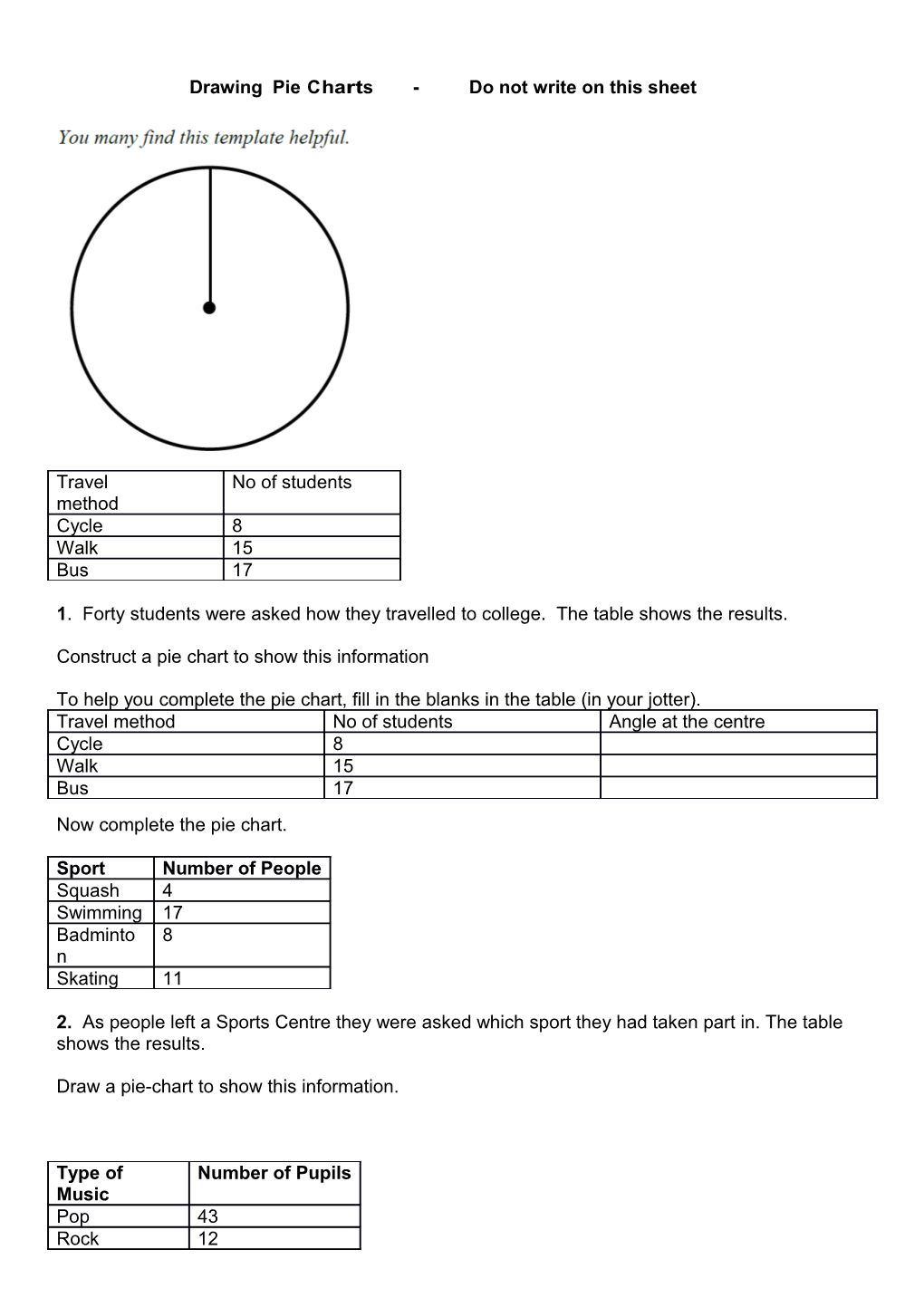 Drawing Pie Charts - Do Not Write on This Sheet