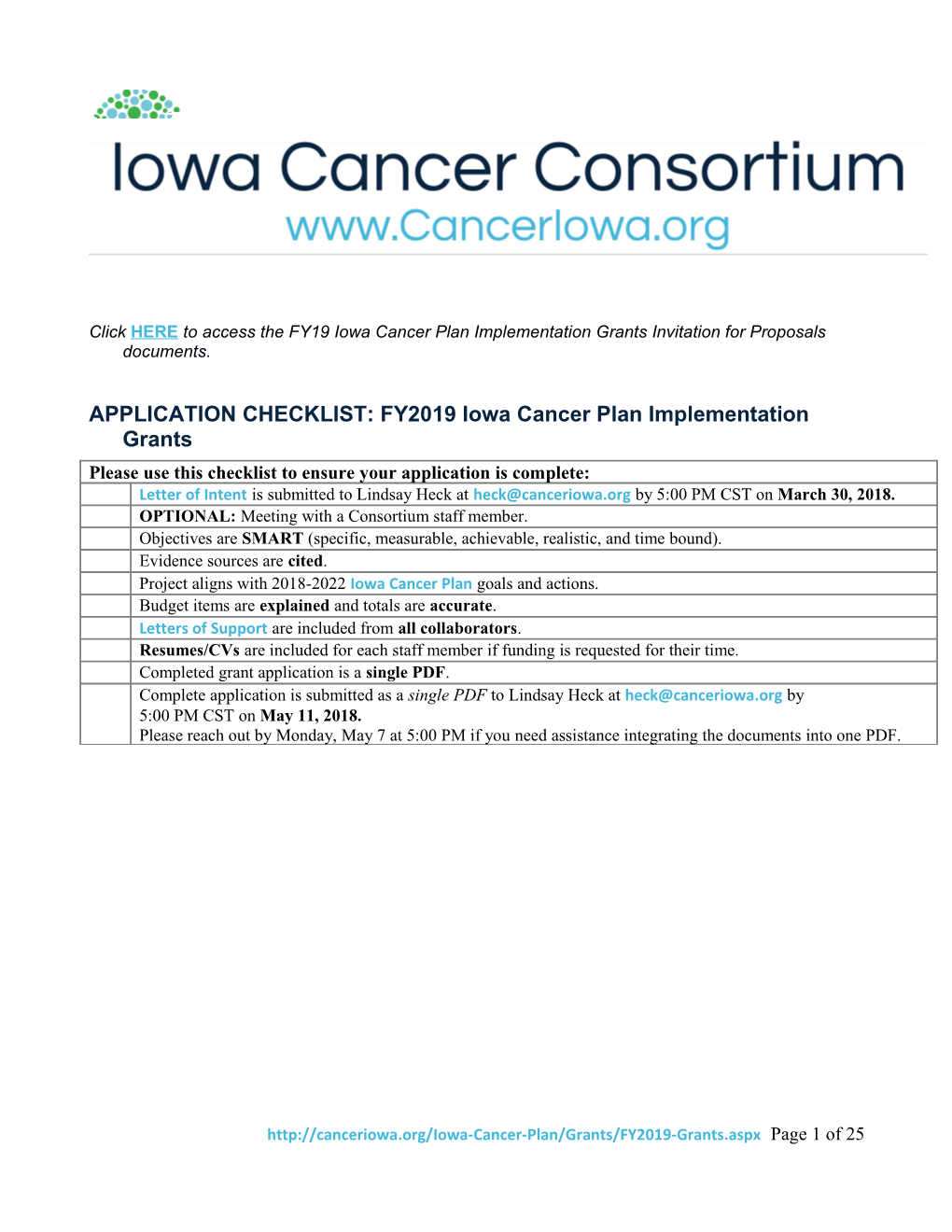 APPLICATION CHECKLIST: FY2019 Iowa Cancer Plan Implementation Grants